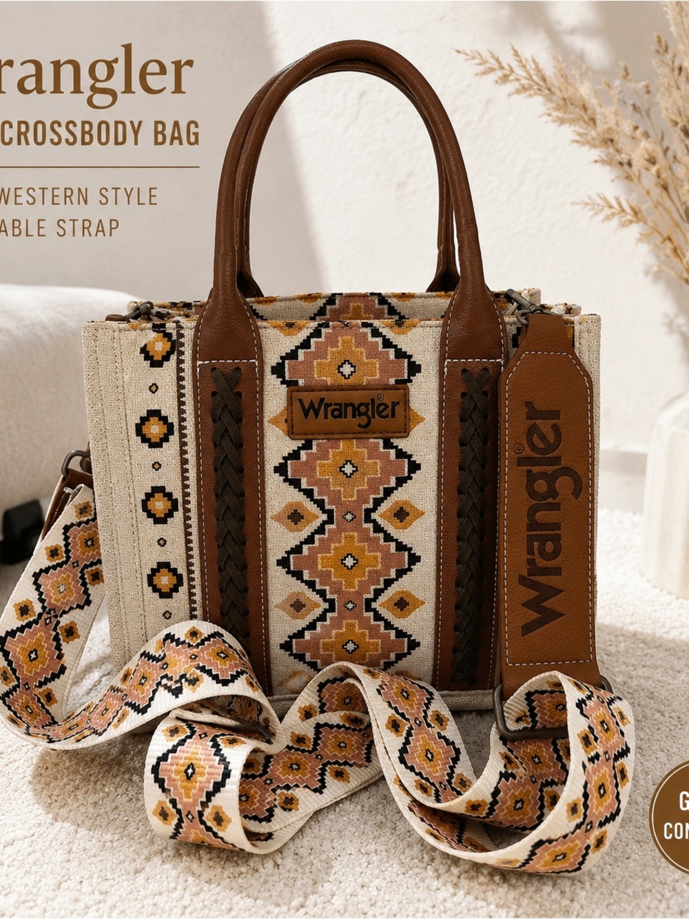 Wrangler Beige and Brown Western Crossbody Tote with Patterned Strap